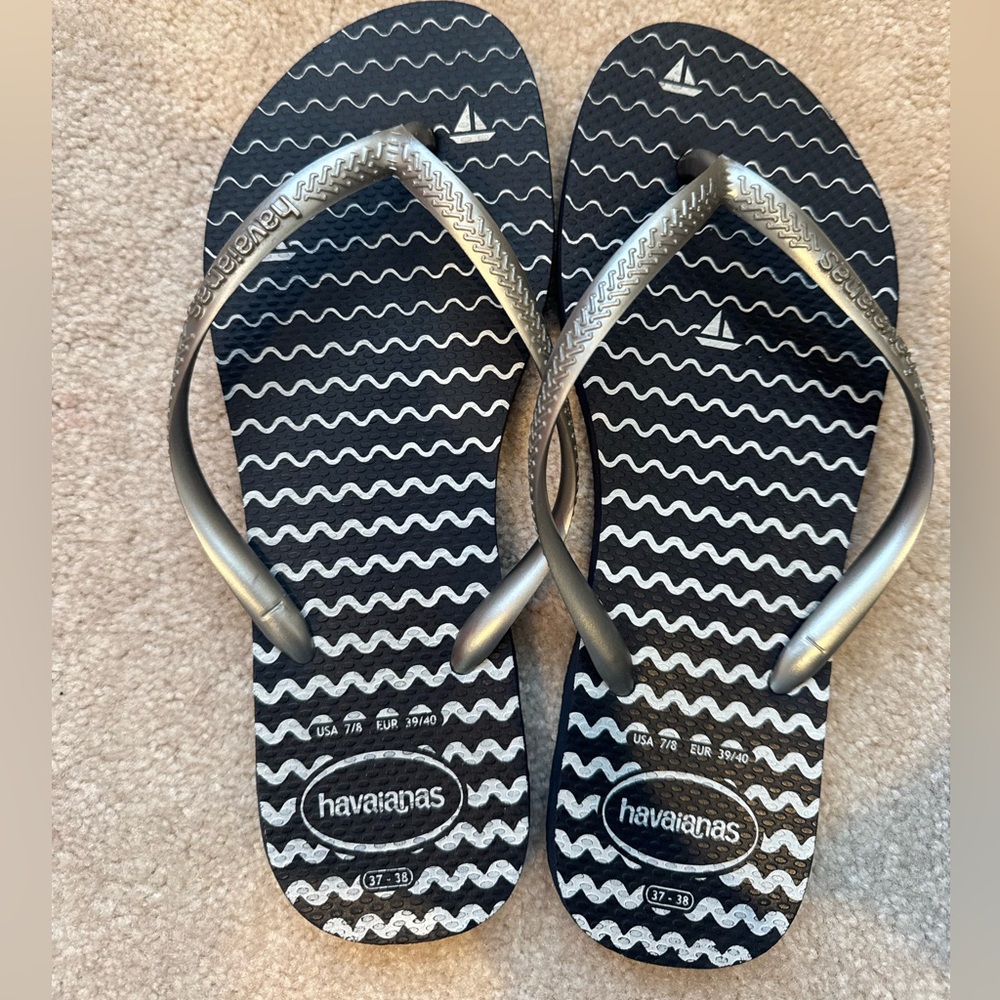 Havaianas Black Flip Flops with Silver Metallic Straps
